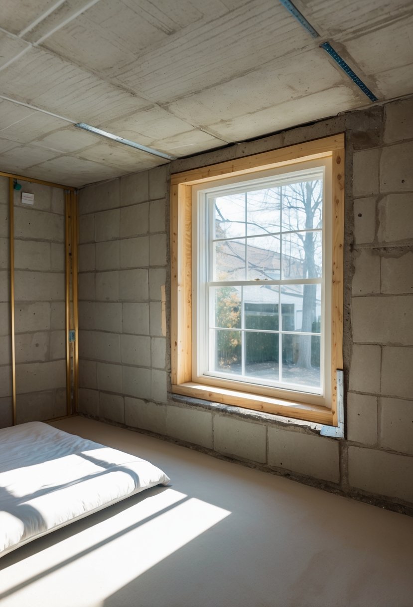 An unfinished basement bedroom with a large open egress window letting in natural light and safety features visible around the window installation.