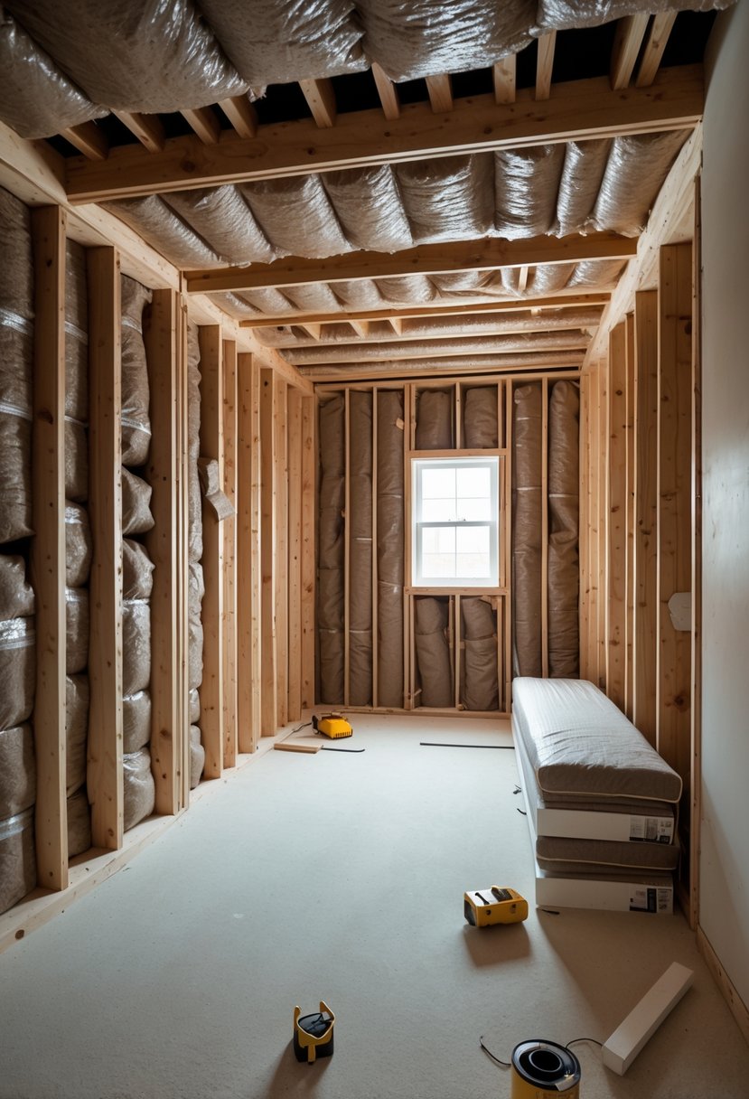 Unfinished basement bedroom with exposed wooden studs and soundproofing insulation installed between the walls, a simple bed, and construction materials.