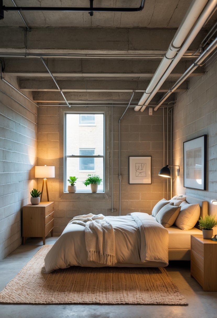 An unfinished basement bedroom with concrete walls and ceiling, a neatly made bed, nightstand with lamp, area rug, dresser, and potted plants, lit by natural light from a small window.
