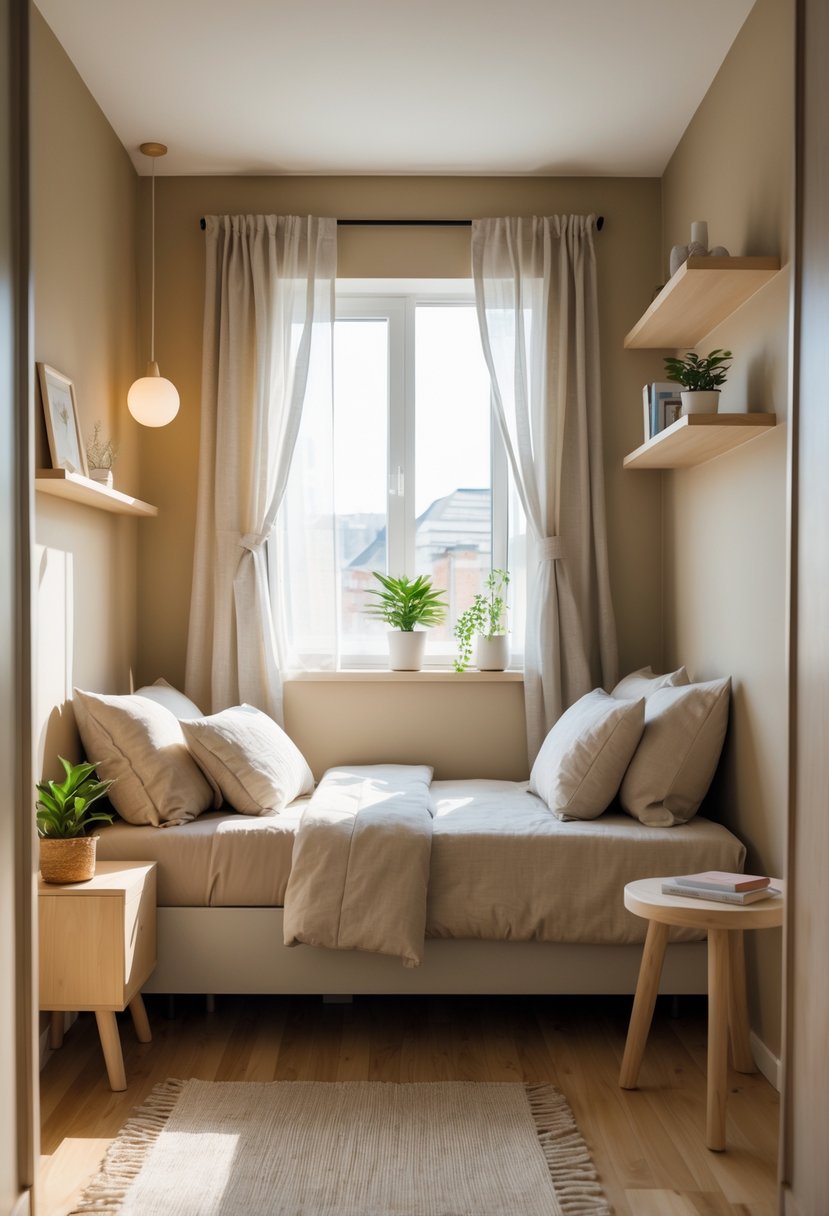 A small cozy bedroom with a single bed, nightstand with lamp and plant, wooden floor, and a window letting in natural light.