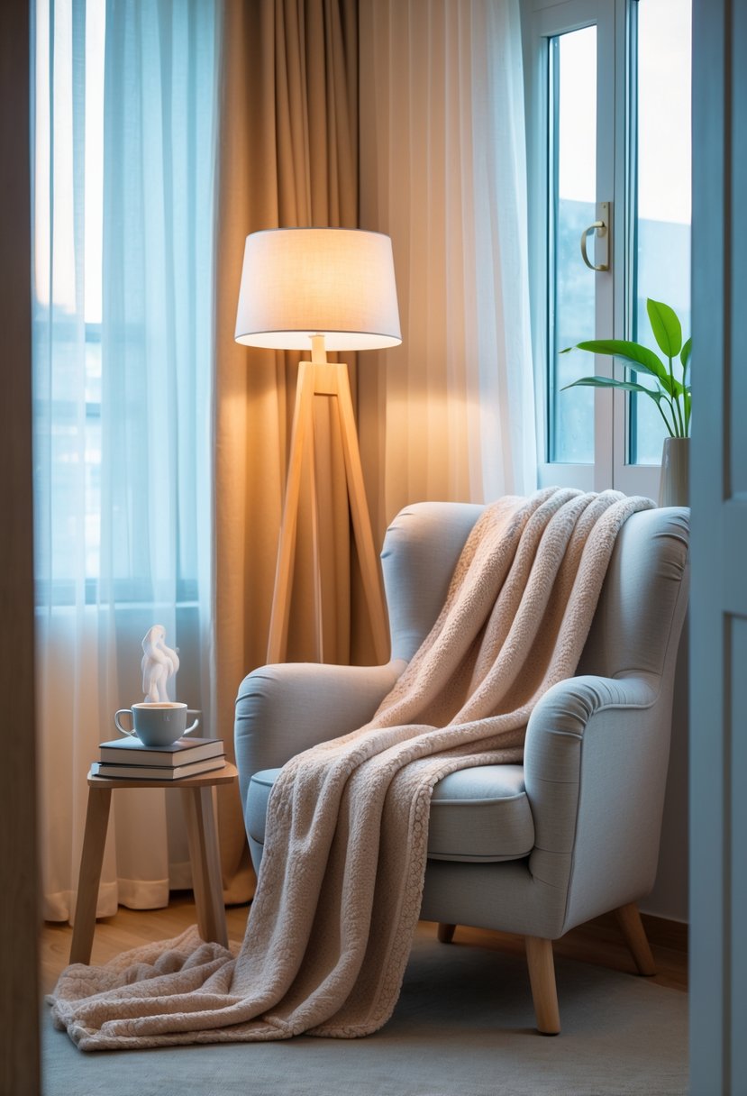 A small bedroom corner with a plush armchair, a soft throw blanket, warm lighting, a side table with books and a cup, and a small plant.