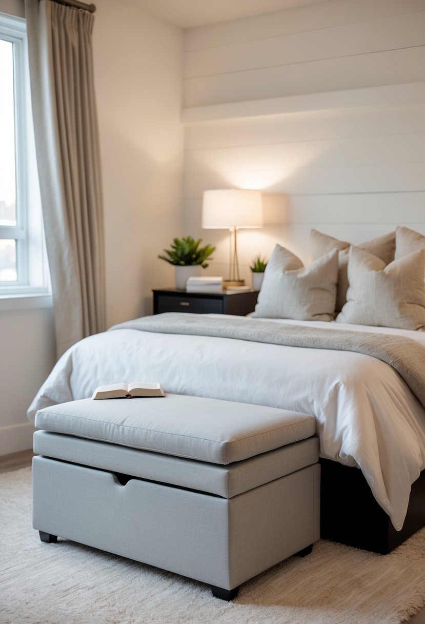 Small cozy bedroom with a bed and a storage ottoman at the foot of the bed.