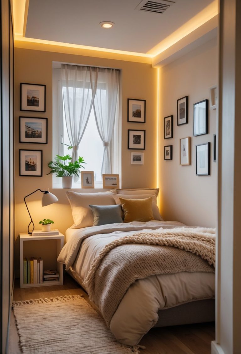 A small bedroom with a neatly made bed, personalized artwork on the walls, a bedside table with a lamp and books, and a small plant by the window.