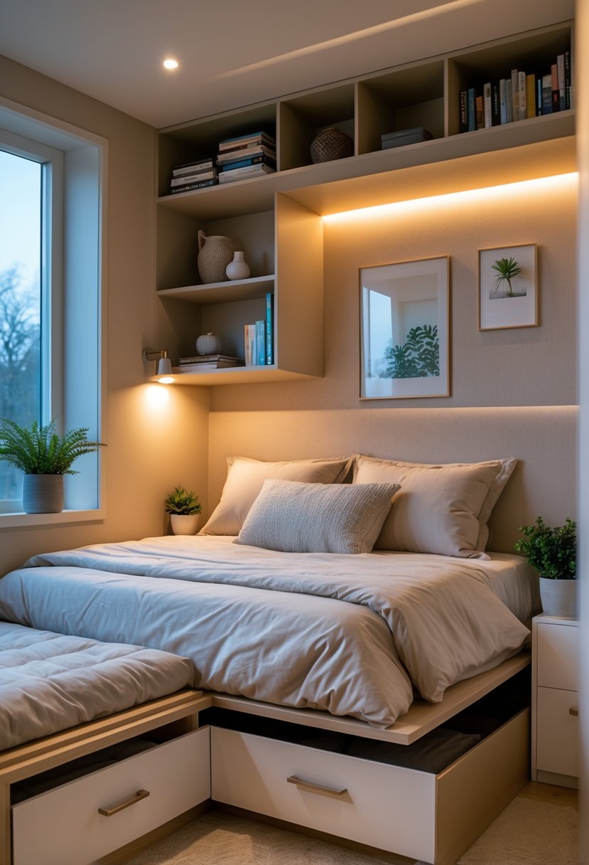 A small bedroom with a neatly made bed, built-in shelves, under-bed storage drawers, warm lighting, and a small plant.