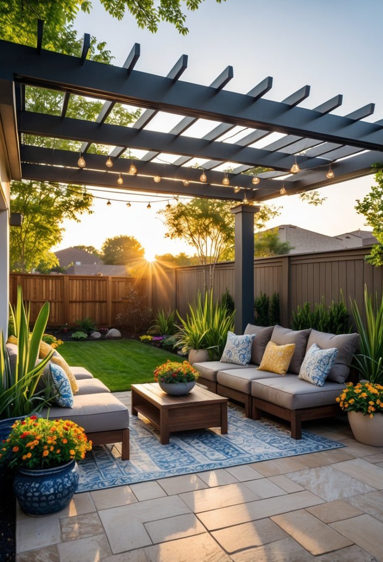 Backyard patio with outdoor seating, plants, and a pergola under warm sunlight.