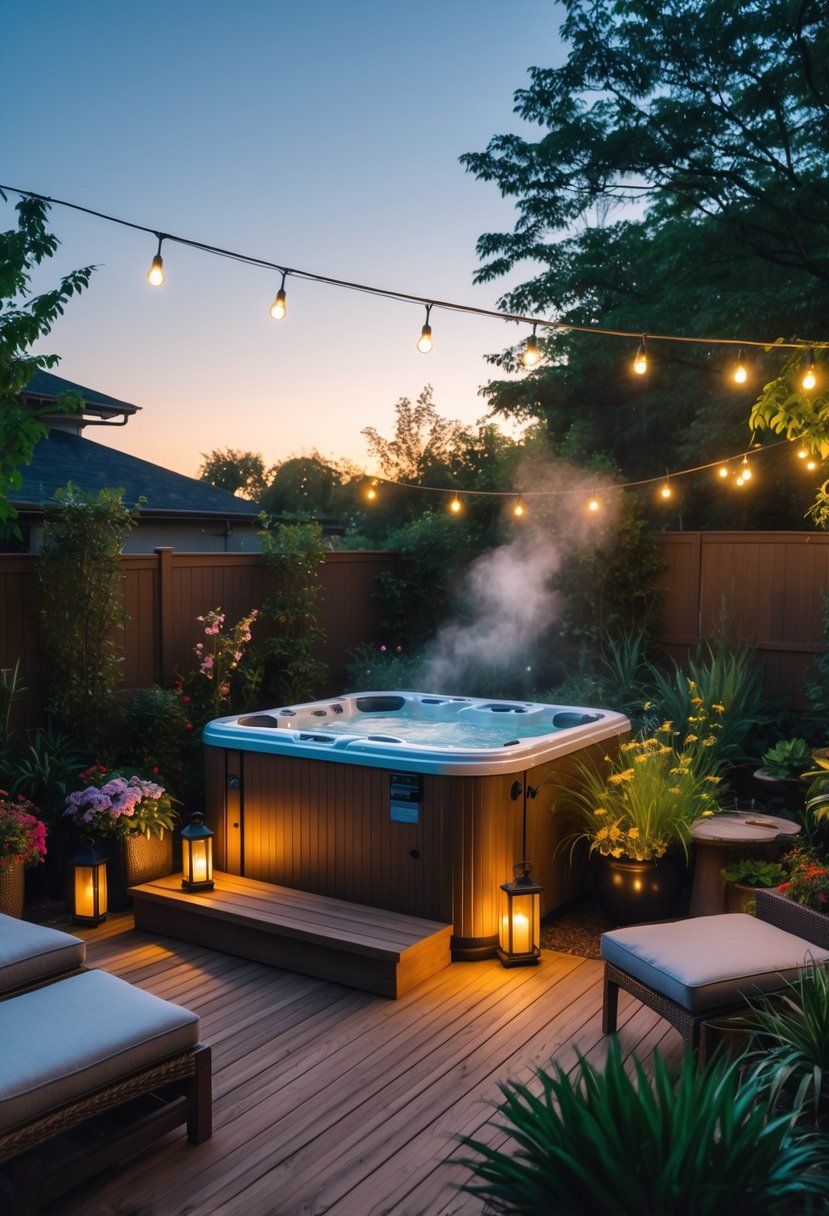 A backyard with a modern hot tub built into a wooden deck surrounded by plants, seating, and soft lighting at sunset.