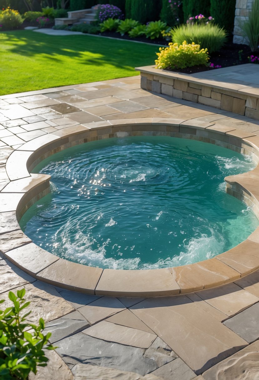 An in-ground hot tub built into a stone patio in a backyard surrounded by green grass and plants.