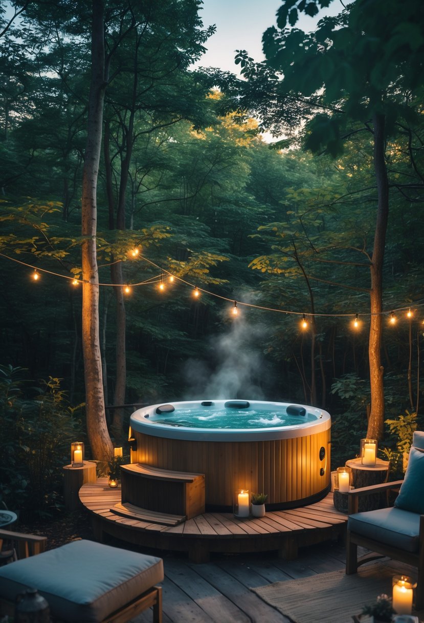 A hot tub set up in a backyard surrounded by dense forest trees and wooden decking, with soft lighting creating a peaceful outdoor retreat.