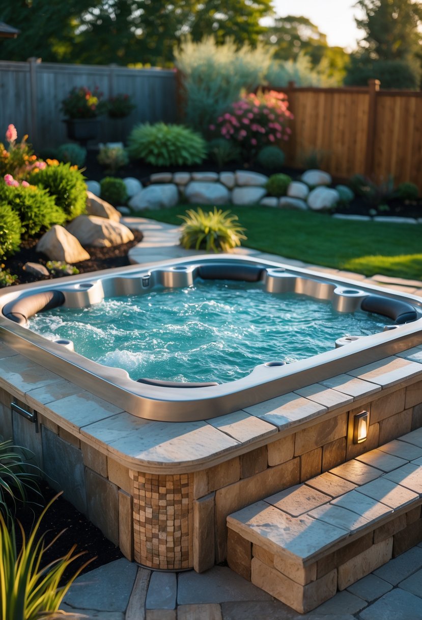 Outdoor hot tub with built-in bench seating in a landscaped backyard surrounded by plants and stone tiles.