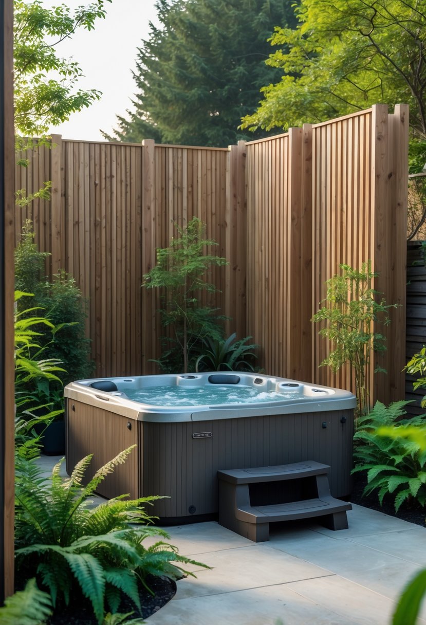 Backyard hot tub area surrounded by wooden privacy screens and green plants.