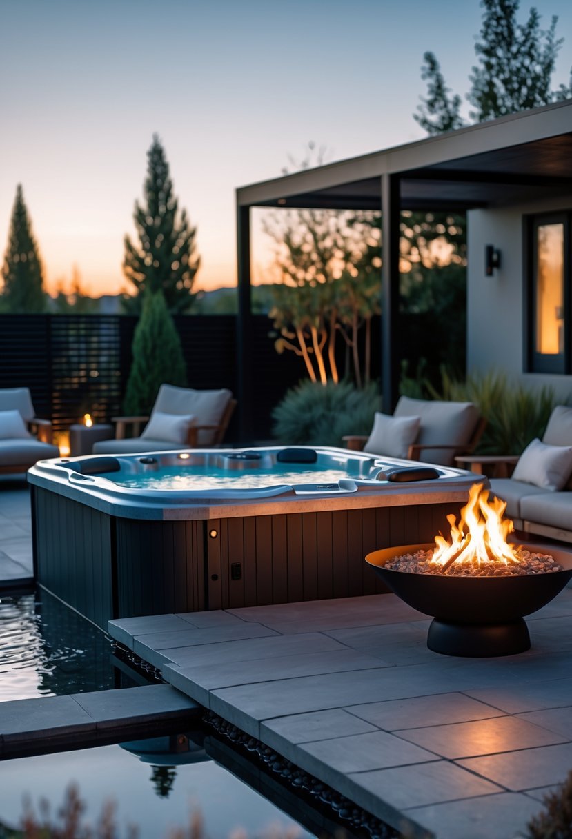 Backyard with a hot tub next to a fire pit and loungers arranged around it.