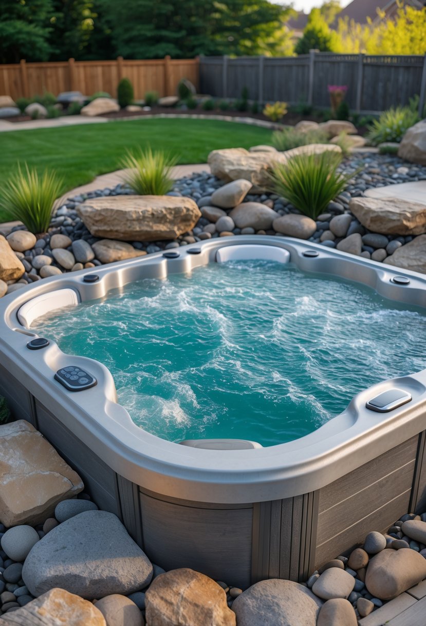 Outdoor hot tub surrounded by decorative rocks and plants in a backyard.