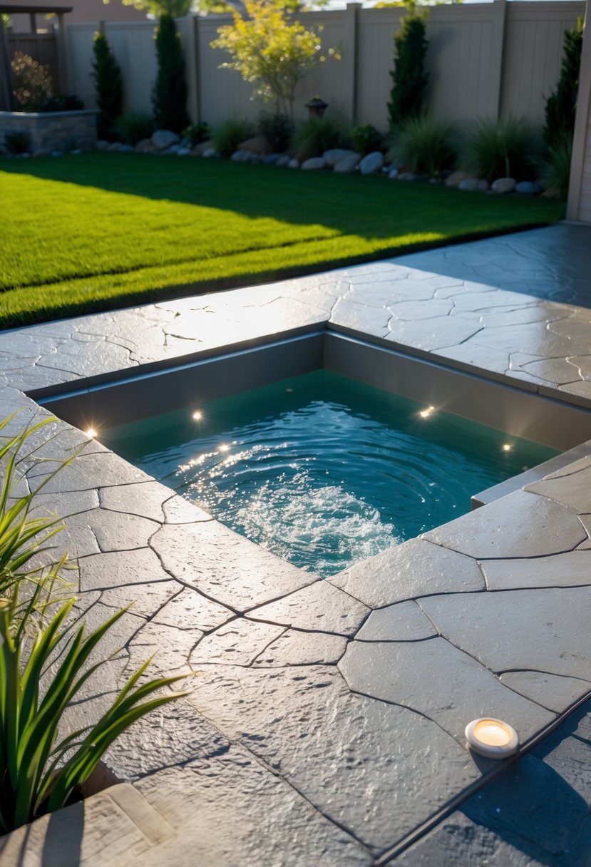A modern hot tub embedded in a stamped concrete patio in a backyard with grass and plants.