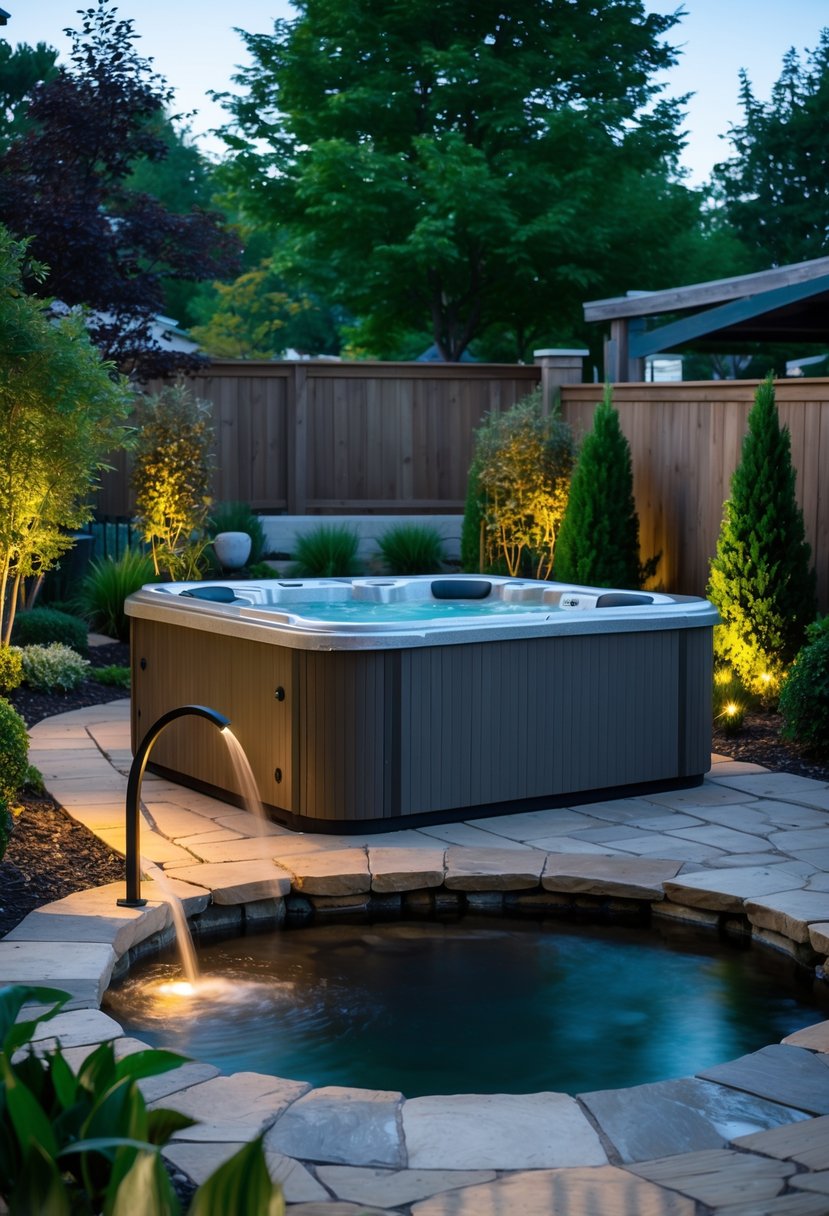 Backyard hot tub area with a water fountain surrounded by plants and stone decking.