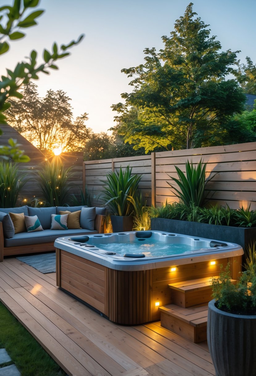 A backyard with a modern hot tub surrounded by wooden decking, plants, and outdoor seating under warm sunlight.