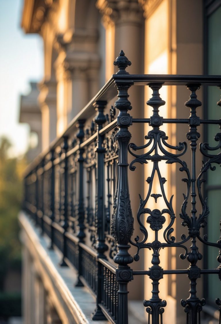 Close-up view of an ornate iron balcony railing with intricate patterns and decorative details.