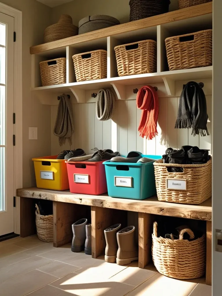 Small mudroom entryway with several woven baskets and colorful bins placed under a bench and on shelves, each labeled, storing shoes, scarves, and gloves, cheerful and tidy.