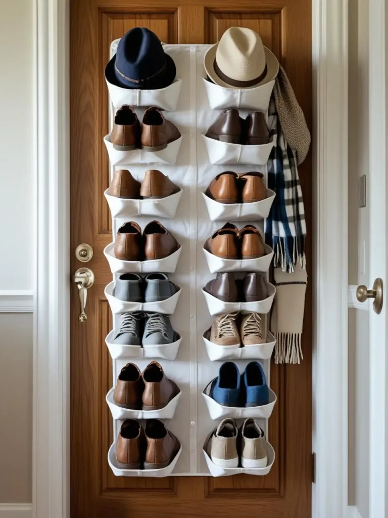 View of the back of an entryway door with an over-the-door organizer holding shoes, hats, gloves, and scarves, showing smart storage in a very small space.