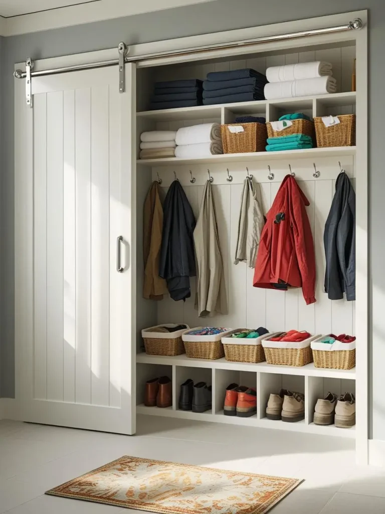 An open closet converted into a mudroom with shelves, hooks, a shoe rack, and baskets inside, looking organized and hidden neatly behind a sliding door.