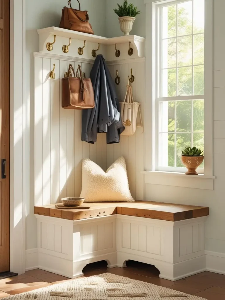 A cozy corner mudroom setup with a corner bench, hooks above, and a small shelf in a bright, light-filled entryway, making use of an otherwise unused corner.
