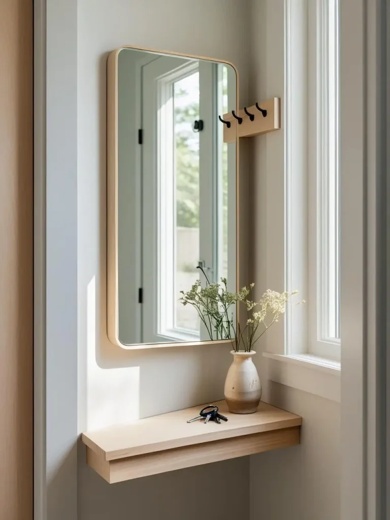 A small mudroom corner with a tall mirror that has hooks and a slim shelf attached, reflecting light into the space, with keys and a small vase on the shelf, stylish and functional.