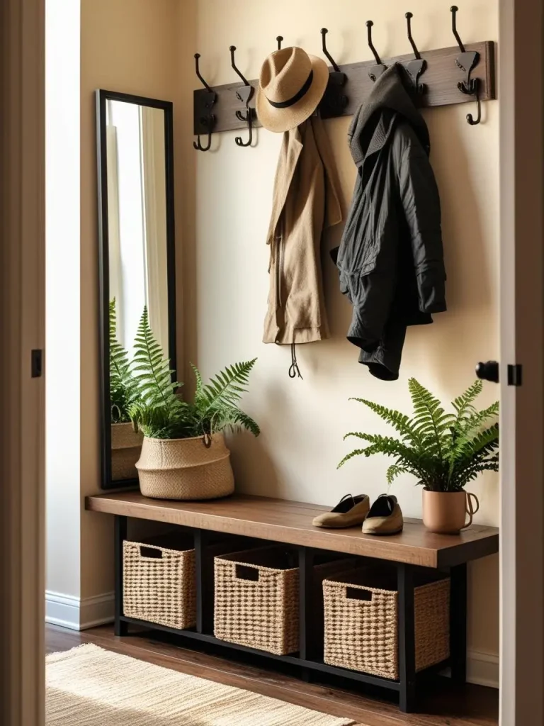 A real-life small apartment mudroom setup_ a narrow bench with baskets, hooks on the wall above, a mirror, and a cheerful small plant nearby, all in a modern, cozy setting.