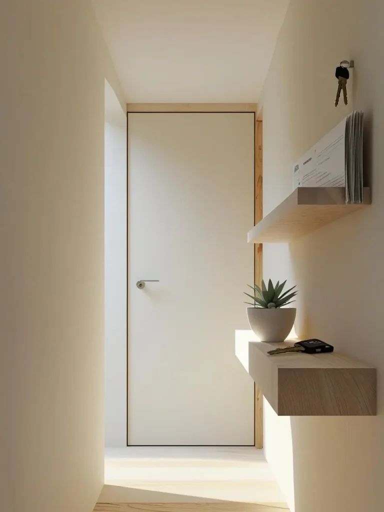 A very narrow entryway with a slim floating shelf on the wall, holding keys, mail, a small bowl, and a tiny plant, with light colors and a minimalist vibe.