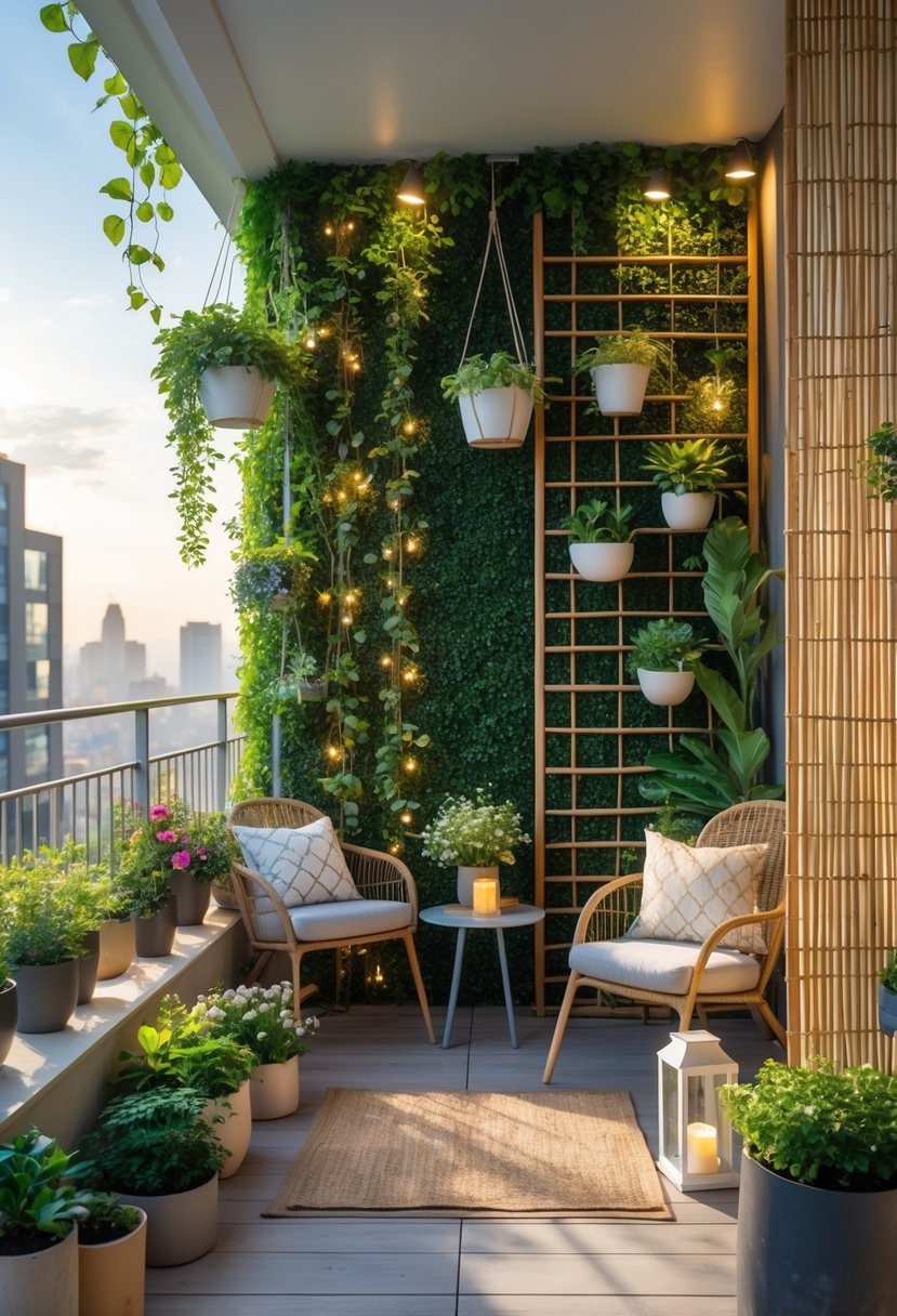 A balcony with plants, a wooden trellis, and a bamboo privacy screen creating a cozy and private outdoor space with chairs and a small table.