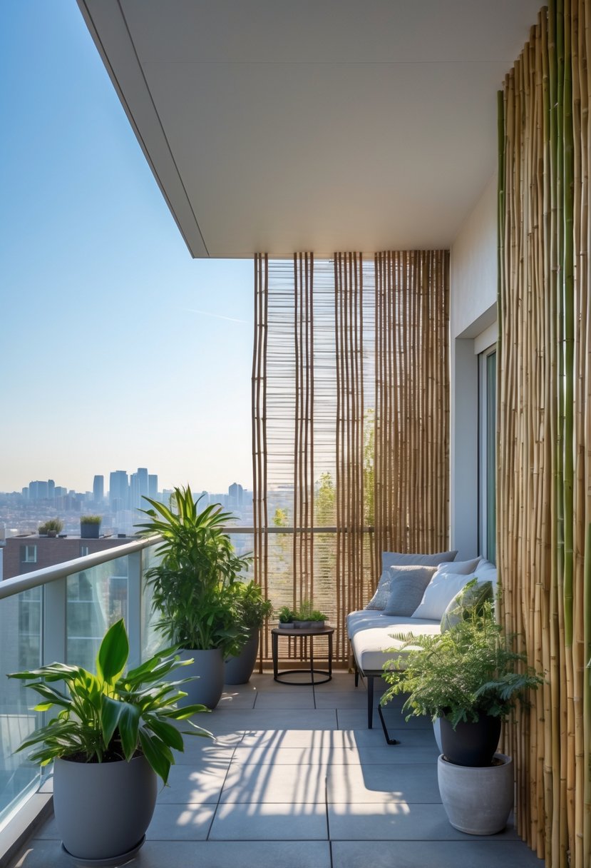 A balcony with bamboo and reed privacy screens, potted plants, and outdoor seating under a clear sky.
