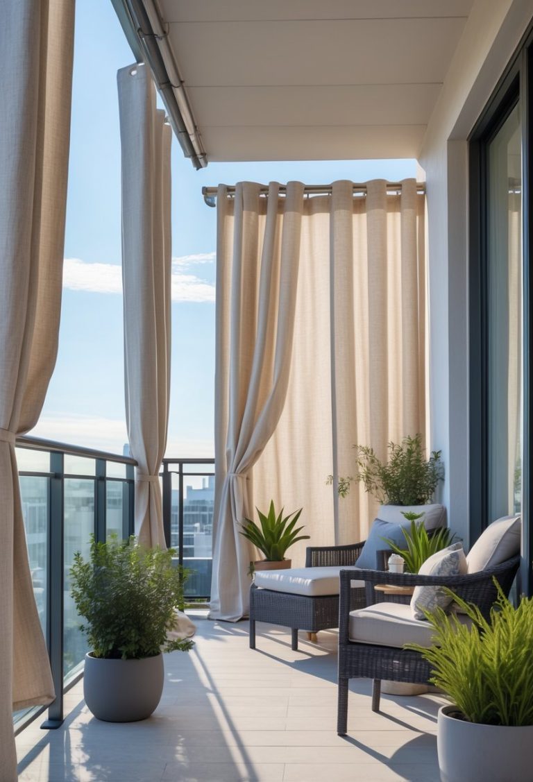 A balcony with weather-resistant outdoor curtains providing privacy, decorated with seating and plants under a clear sky.