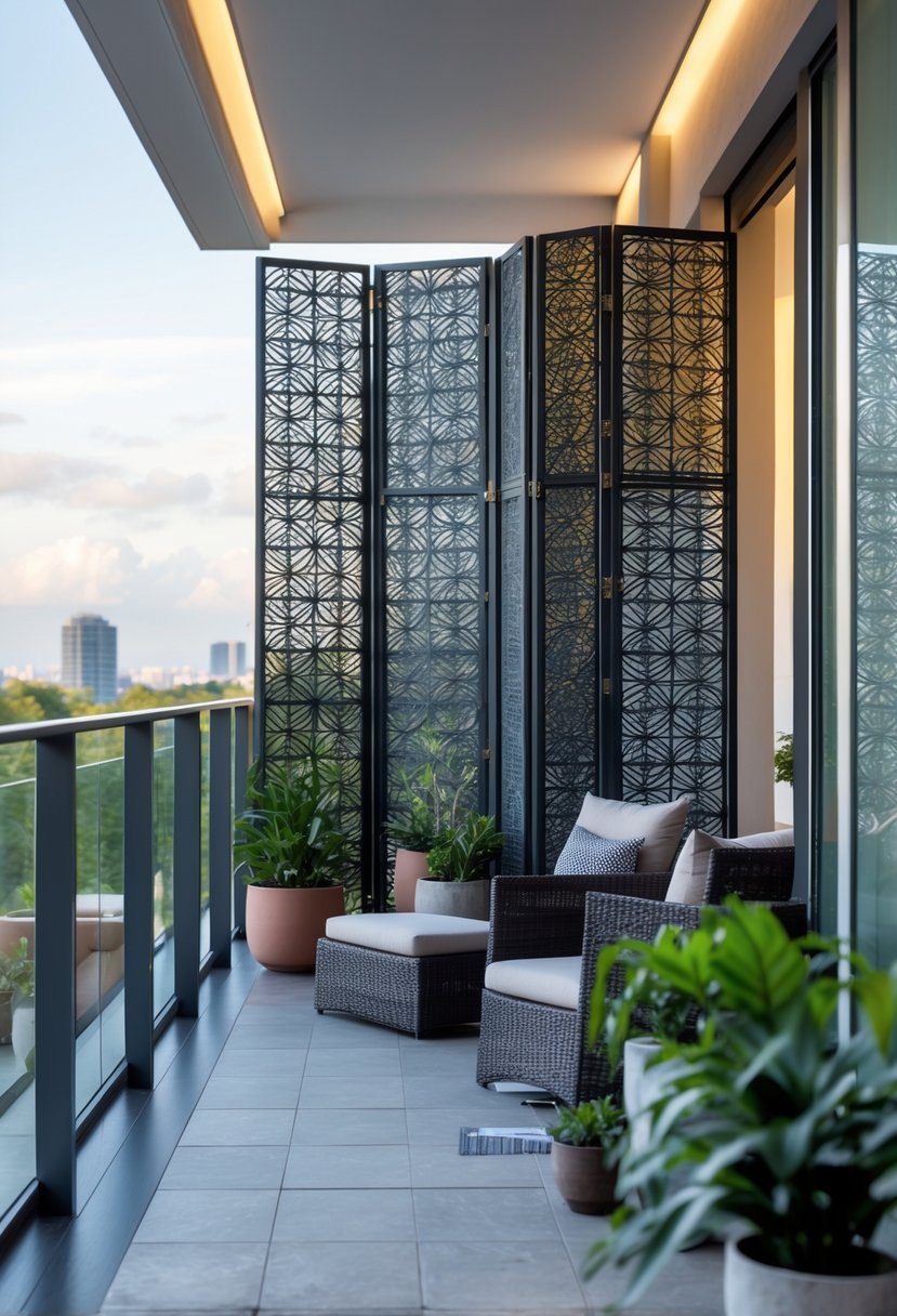 A balcony with decorative folding screens providing privacy, outdoor seating, and plants.