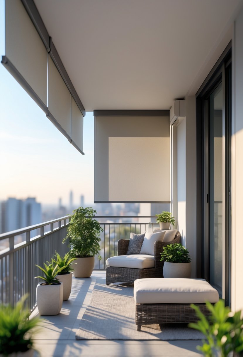 A balcony with outdoor roller shades partially lowered, surrounded by plants and seating, providing privacy.