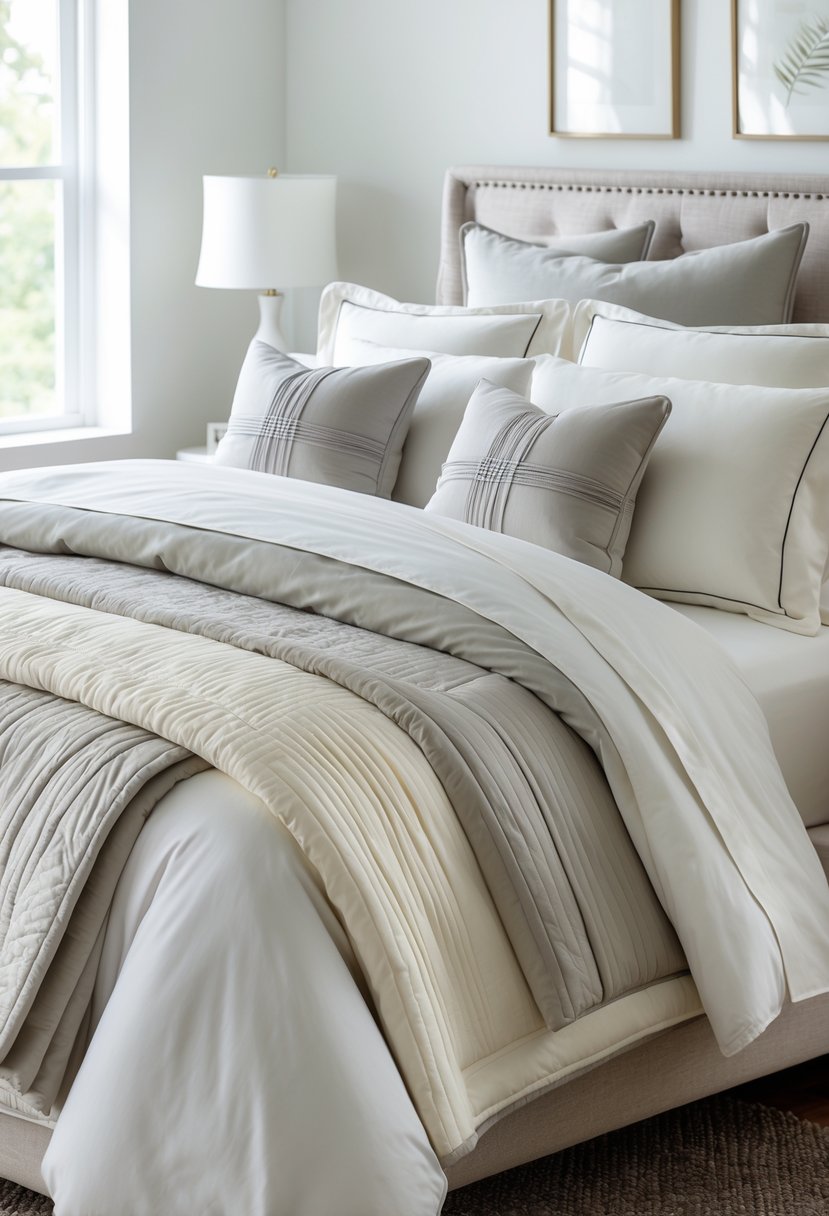 A neatly made bed with multiple layers of bedding including sheets, a comforter, a blanket, and several pillows arranged in a bedroom.