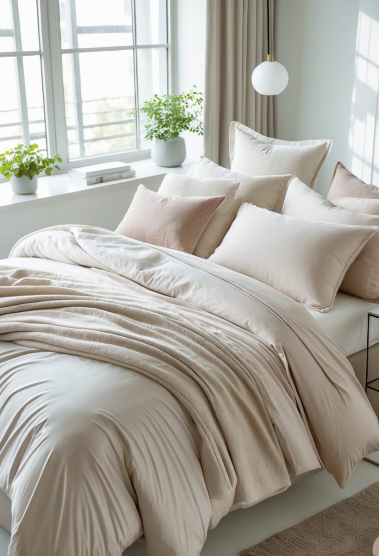 A neatly made bed with multiple layers of bedding and several pillows in a bright bedroom with natural light.