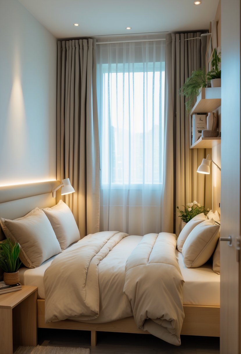 Small bedroom with a double bed, nightstand, window with sheer curtains, and cozy decor designed for couples.