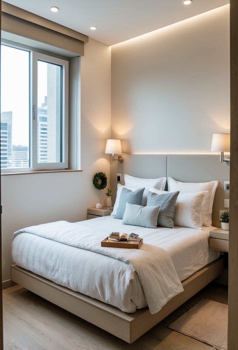 A small bedroom with a queen bed and wall-mounted nightstands on both sides, showing a neat and space-saving layout.