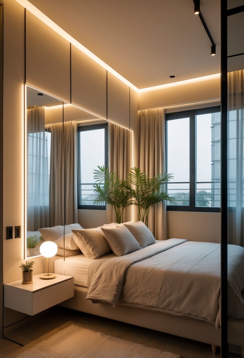 A small bedroom for couples with a double bed and large mirrors on the walls reflecting light to create a sense of more space.