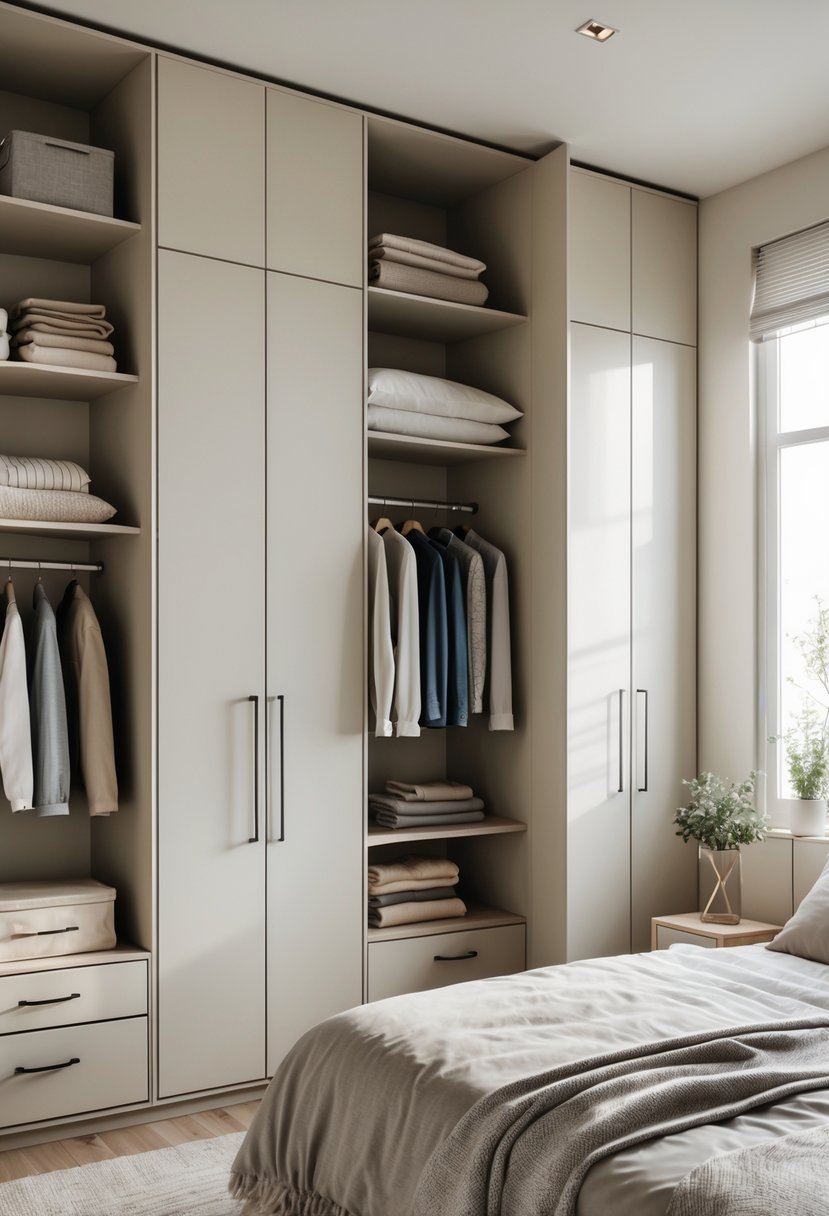 A small bedroom for a couple with a double bed and tall wardrobes that maximize vertical storage space.