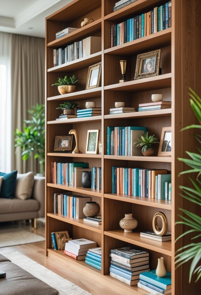 A wooden bookshelf decorated with books, plants, vases, framed photos, and sculptures in a living room.