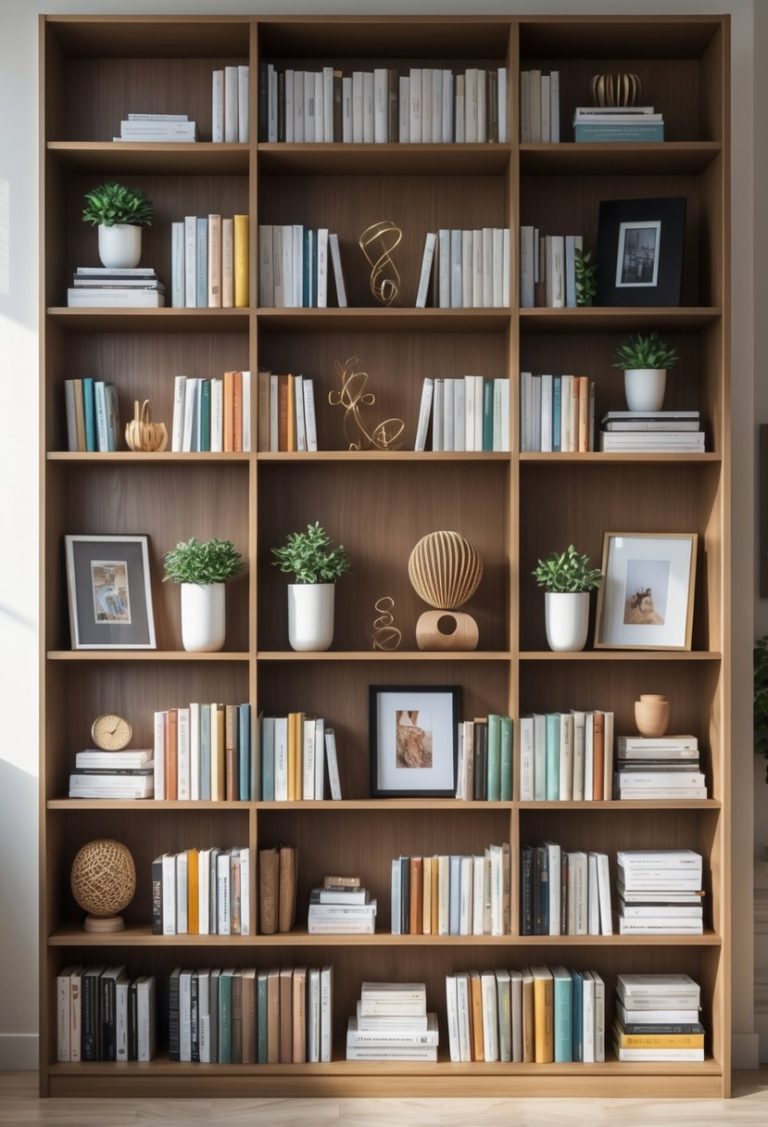 A person arranging books and decorative items on a wooden bookshelf in a bright room.