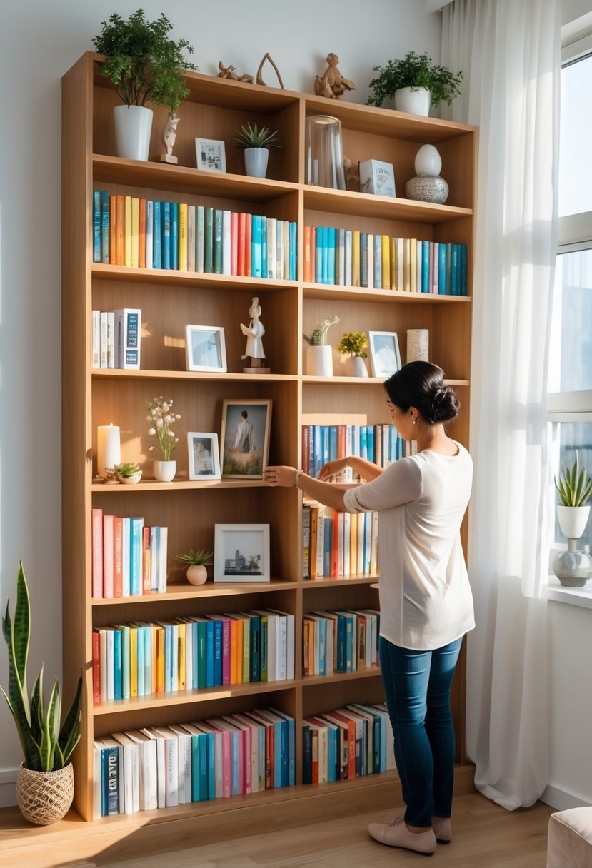 Hands arranging books and decorative items on a bright, organized bookshelf in a living room.