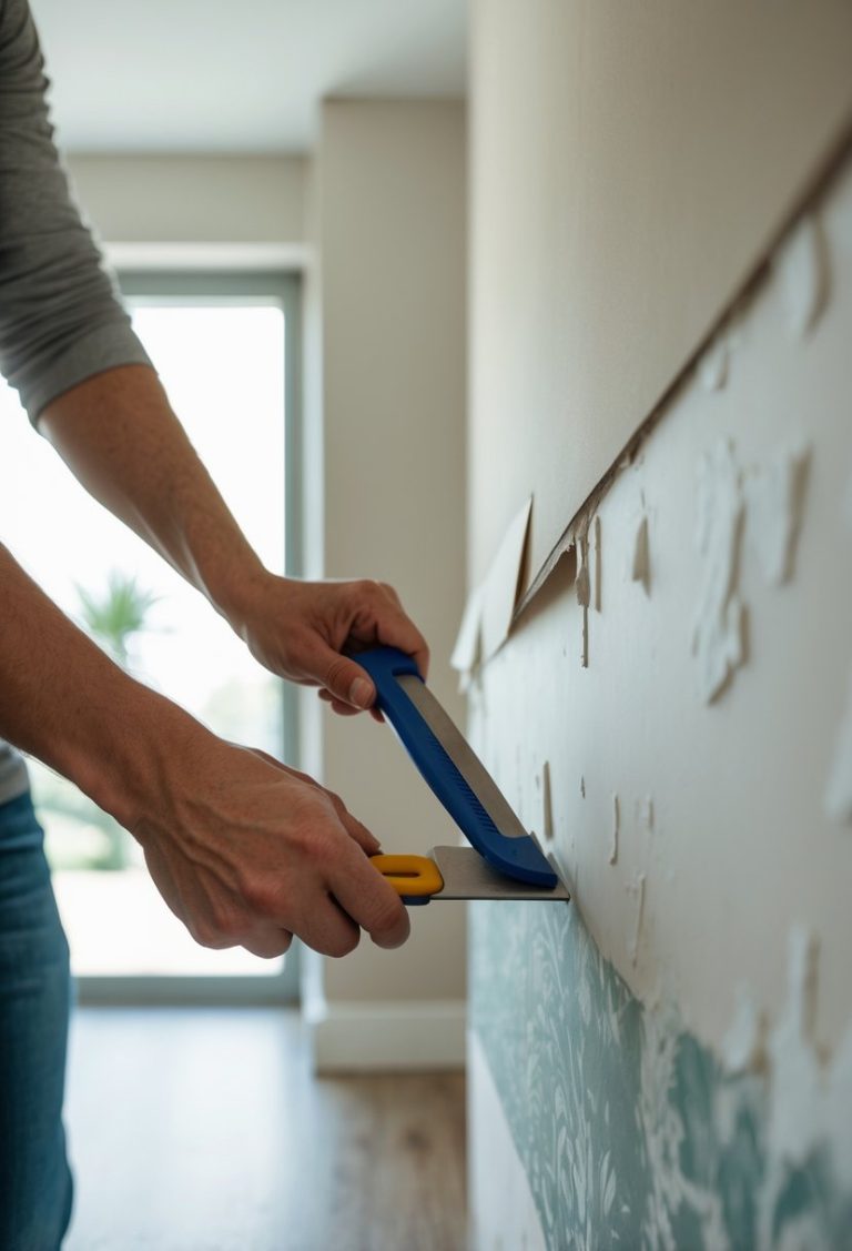 Person removing wallpaper border from a wall using a scraper tool in a bright room.