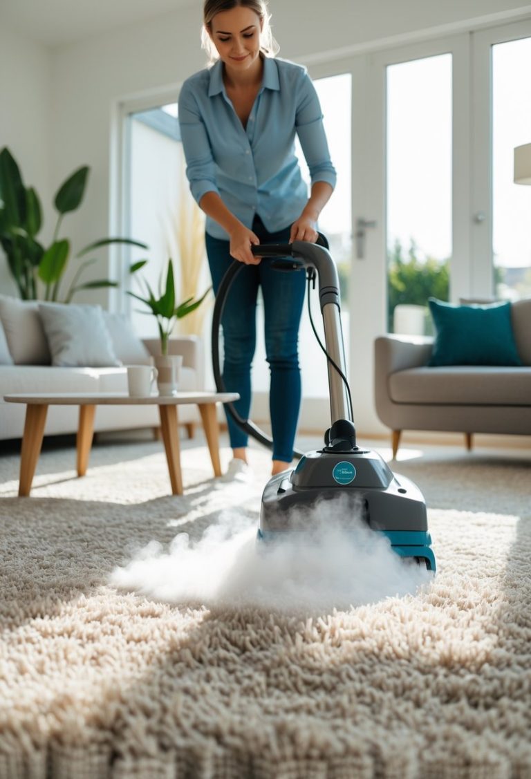 Person cleaning a light-colored carpet with a carpet cleaning machine in a bright living room.