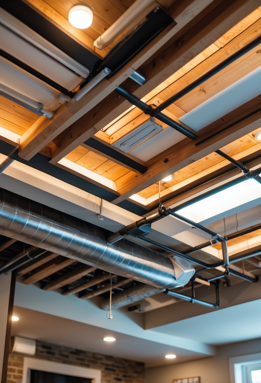 A basement ceiling with exposed wooden beams, recessed lights, and neatly arranged ductwork above a cozy seating area.