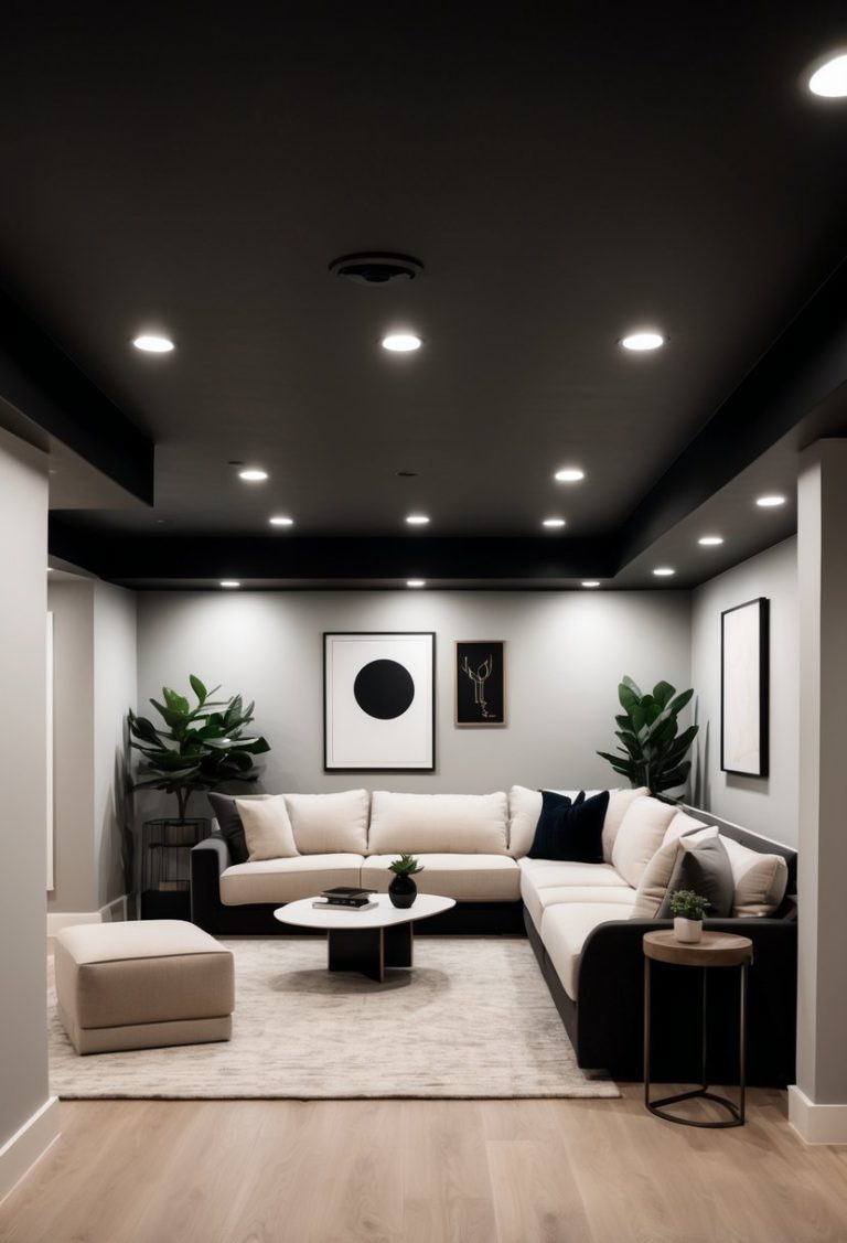 A basement room with black painted ceilings, recessed lighting, a sectional sofa, coffee table, plants, and artwork.
