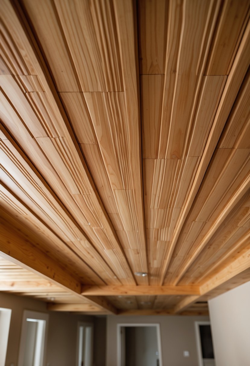 A basement ceiling covered with tongue and groove wood paneling in natural wood tones.