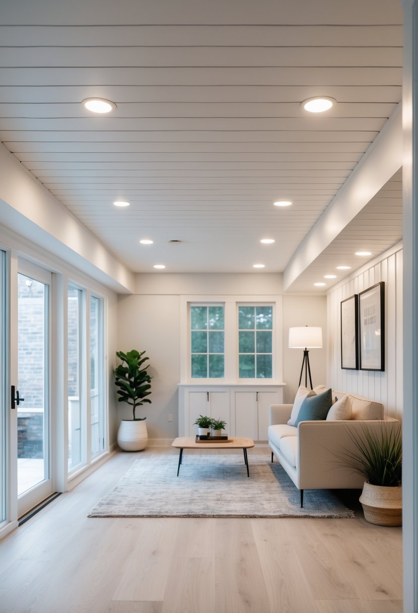 A basement room with a white wooden plank ceiling, modern furniture, and warm lighting.
