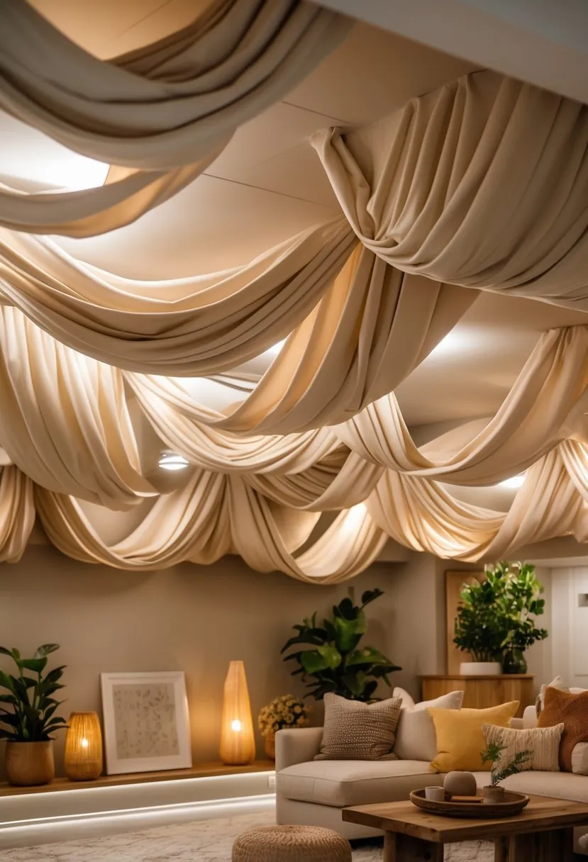 A basement interior with fabric draped across the ceiling, creating a soft and warm atmosphere with cozy furniture and ambient lighting.