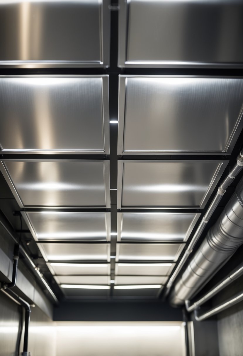 Basement ceiling with metal tiles arranged in a grid pattern and exposed pipes overhead.