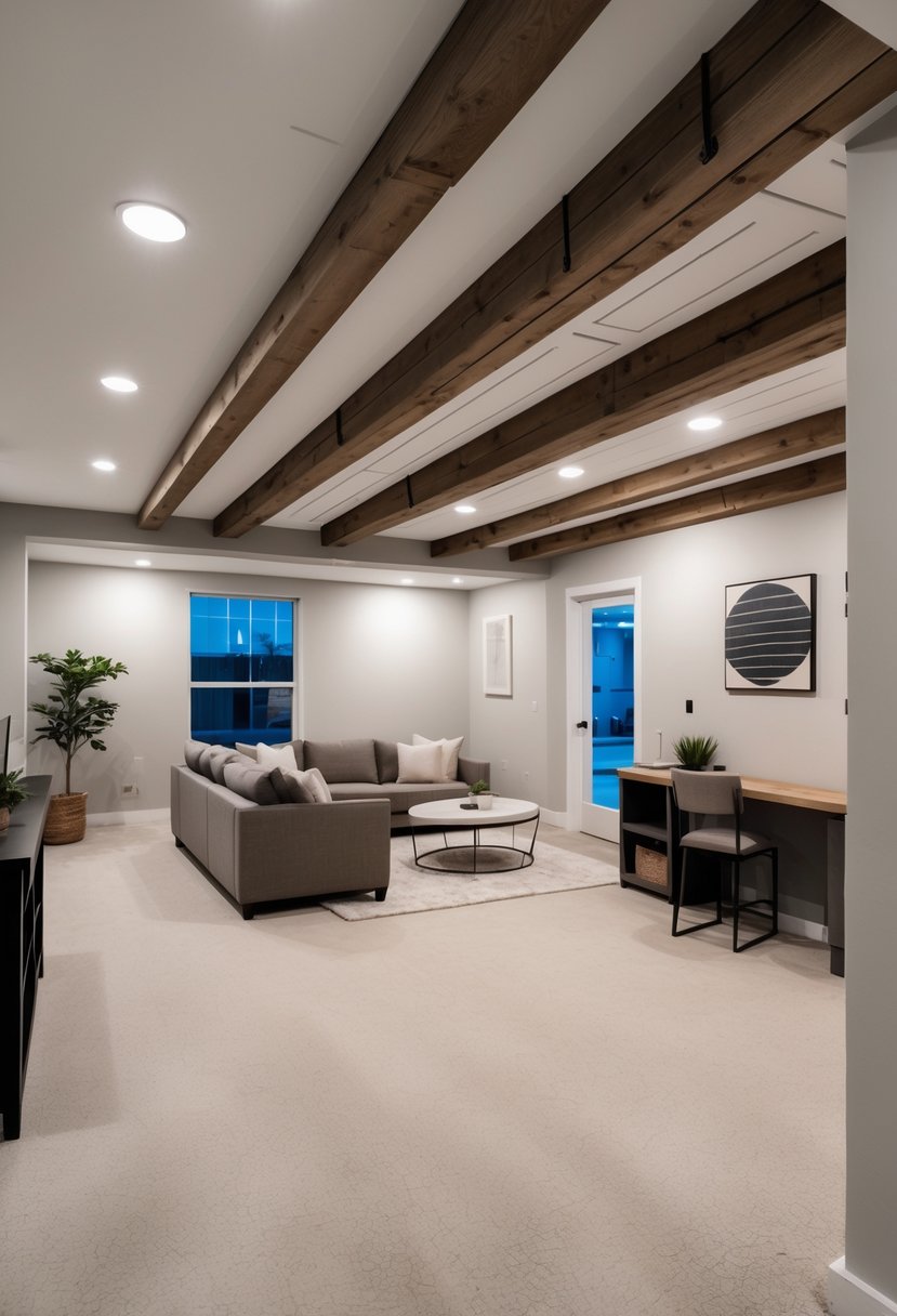 A basement interior showing a white ceiling with exposed wooden beams and recessed lighting above a cozy seating area and workspace.